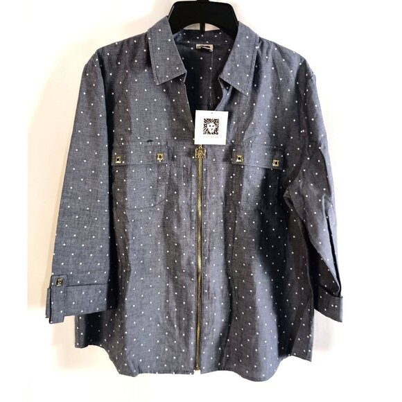 Anne Klein Zip Front Woven Top XL NWT Dark Indigo White Long Sleeve Blouse $79 - Picture 1 of 9